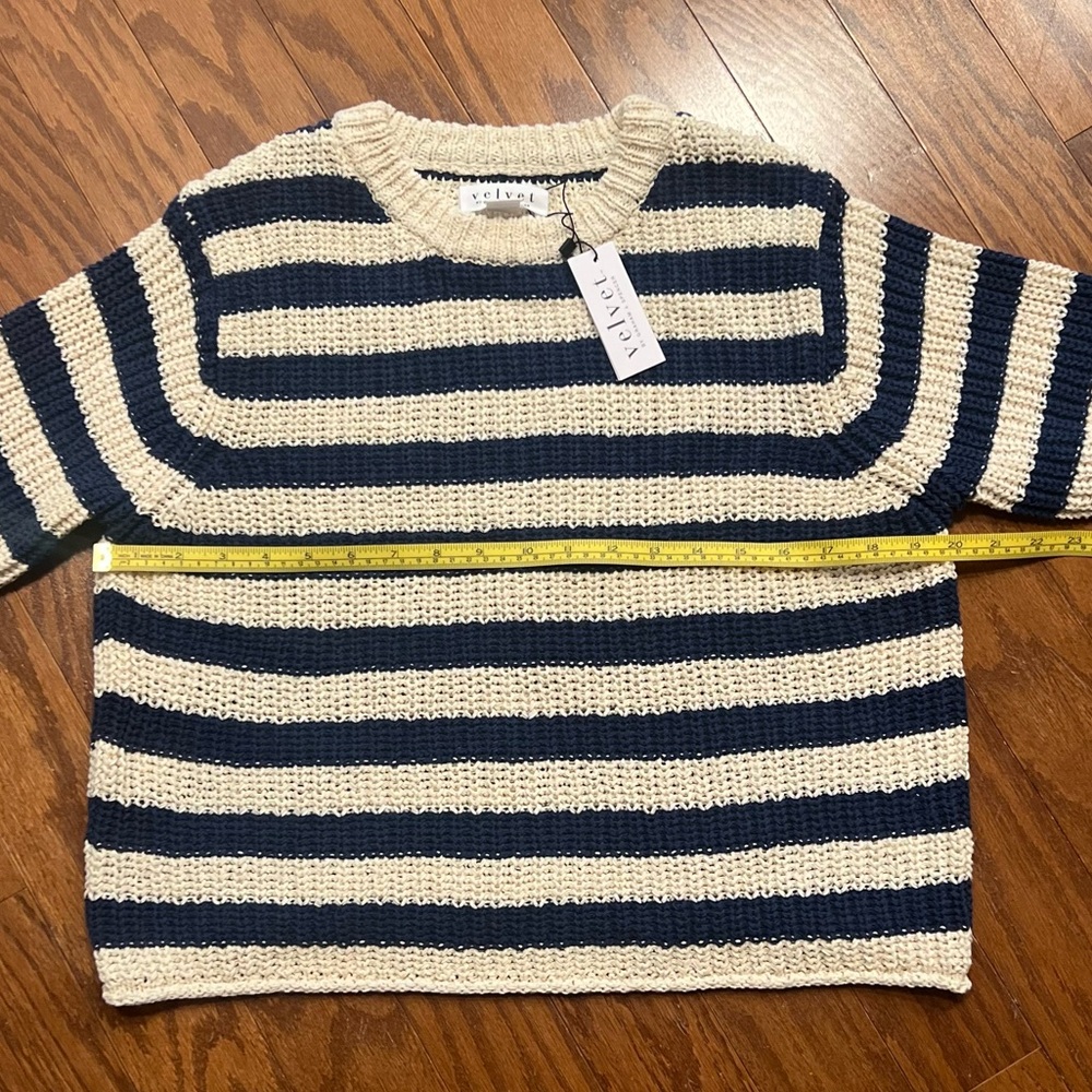 Velvet by Graham & Spencer Small Navy Blue and Ivory Stripe Sweater - Picture 9 of 15